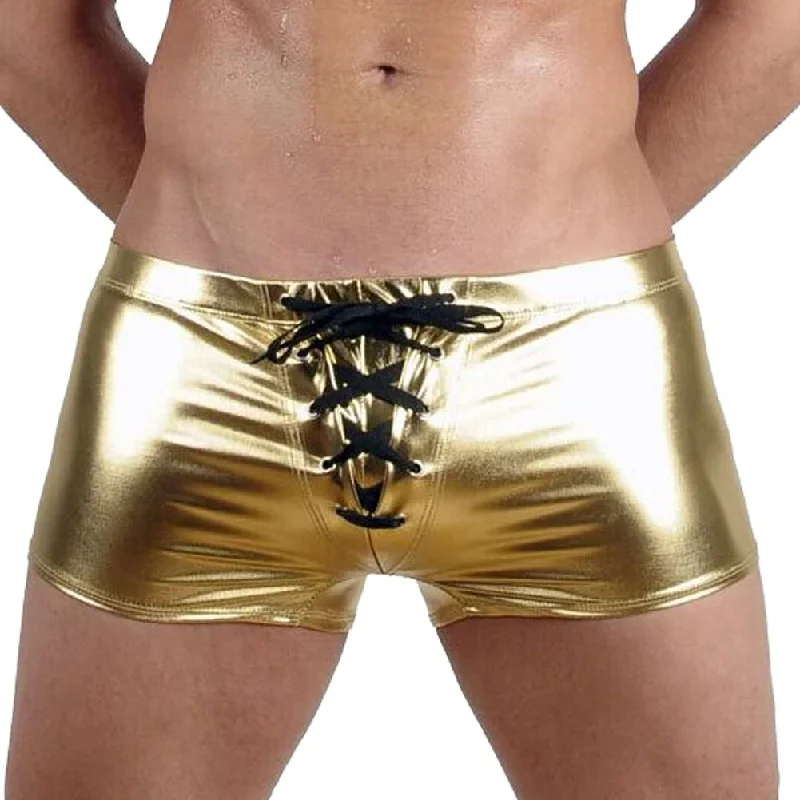 swimwear with anti-slip straps -Faux Leather Metallic Swim Trunks