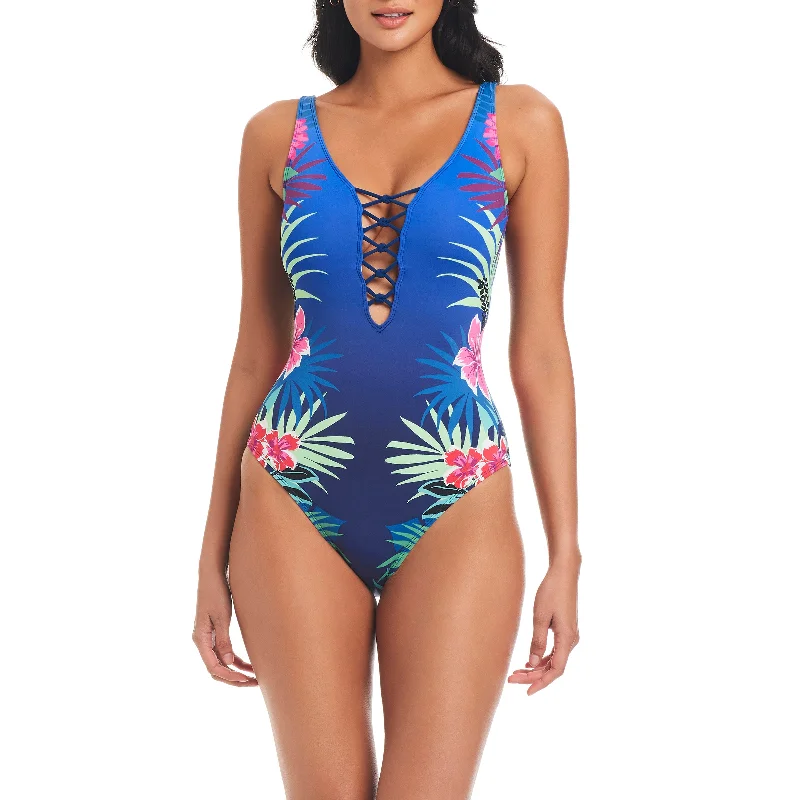 trendy swimwear with cutouts -Bleu Rod Beattie Hawaiian Punch Lace Down One Piece