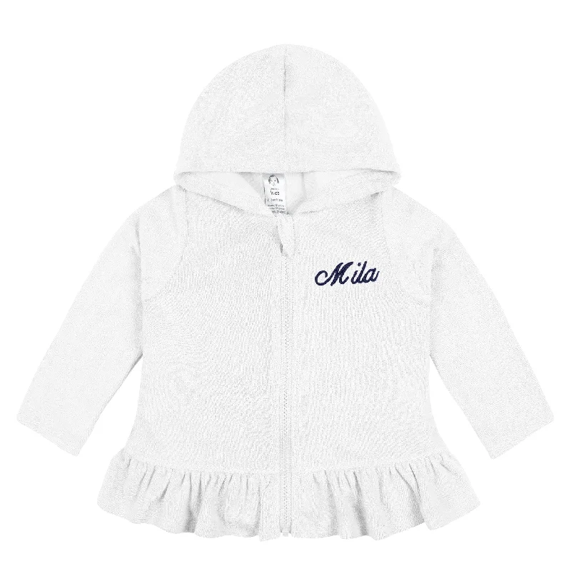 swimwear for competitive divers -Embroidered Baby & Toddler Girls White Hooded Zip Front Terry Swim Coverup