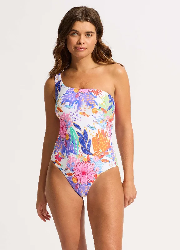 swimwear for tropical vacation -Under The Sea One Shoulder One Piece - White