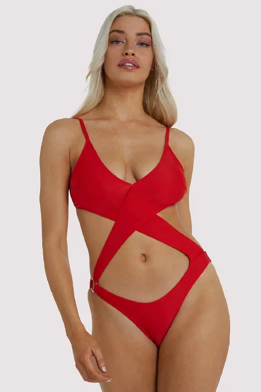 swimwear with sporty design -Red Wrap Cut Out Swimsuit