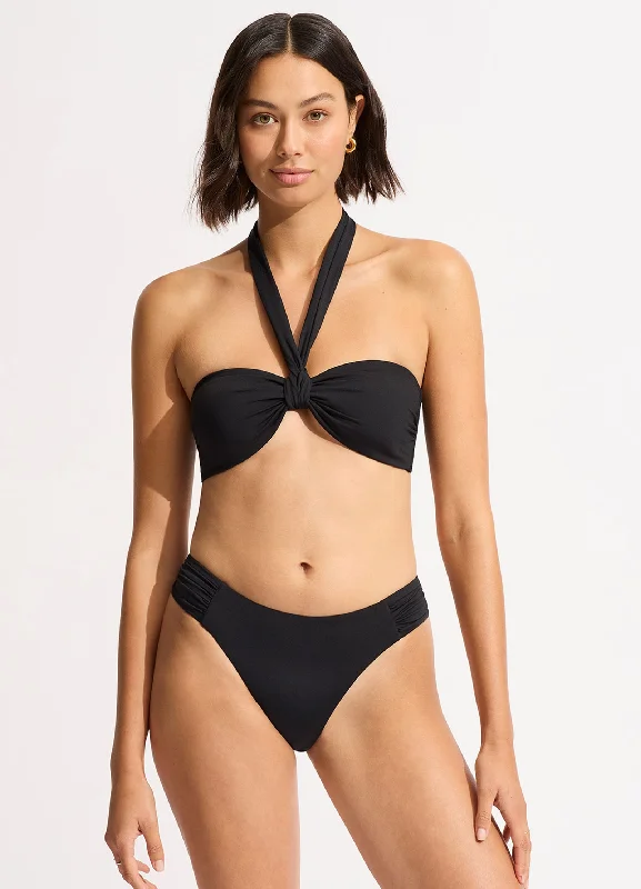 plus size swimwear trendy -Seafolly Collective High Leg Ruched Side Bikini Bottom - Black