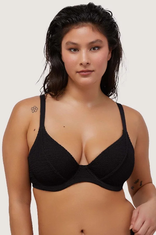 plus size swimwear trendy -Black Textured Wired Plunge Bikini Top