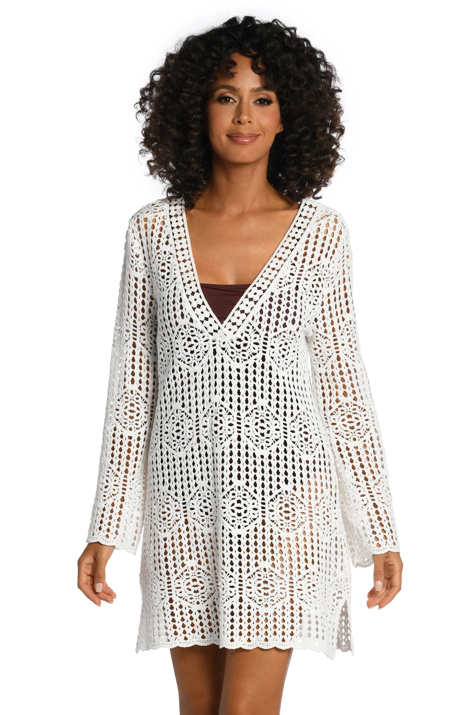 swimwear with adjustable fit -La Blanca Waverly Covers Ivory Crochet V-Neck Cover Up