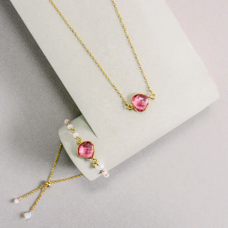 Pink Tourmaline Quartz Bracelet and Necklace Set