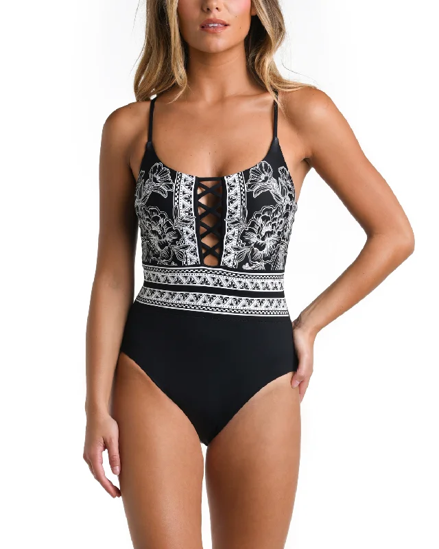 swimwear with sunblock fabric -2024 La Blanca Shadow Floral Plunge Front Strappy Back One Piece - Lb4cf21