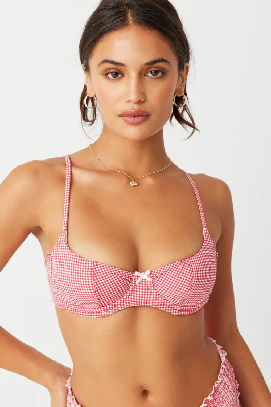 swimwear with ruffle details -Cola Underwire Balconette Bikini Top - Ladybug Gingham