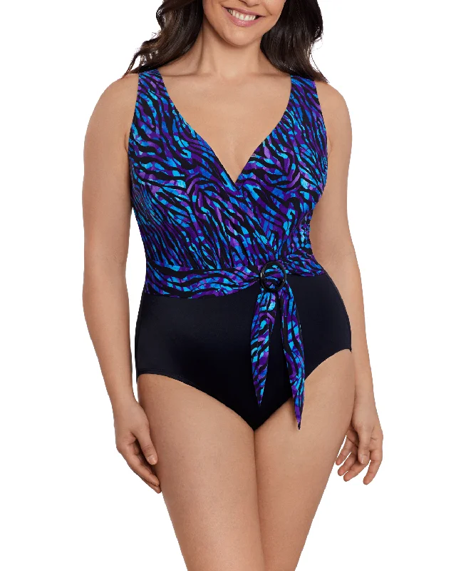 swimwear for beach games -2024 Longitude Painted Safari Belted Surplice One Piece - L240857