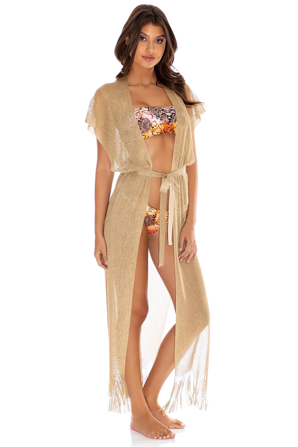 swimwear for beach running -Luli Fama Gold Rush Fringe Long Caftan