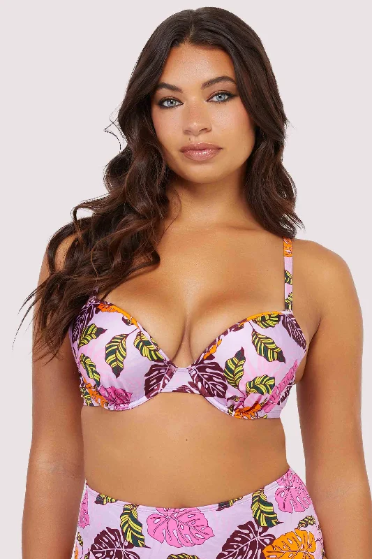 swimwear for snorkeling trip -Riley Fuller Bust Mix & Match Pink Palm Print Plunge Bikini Top