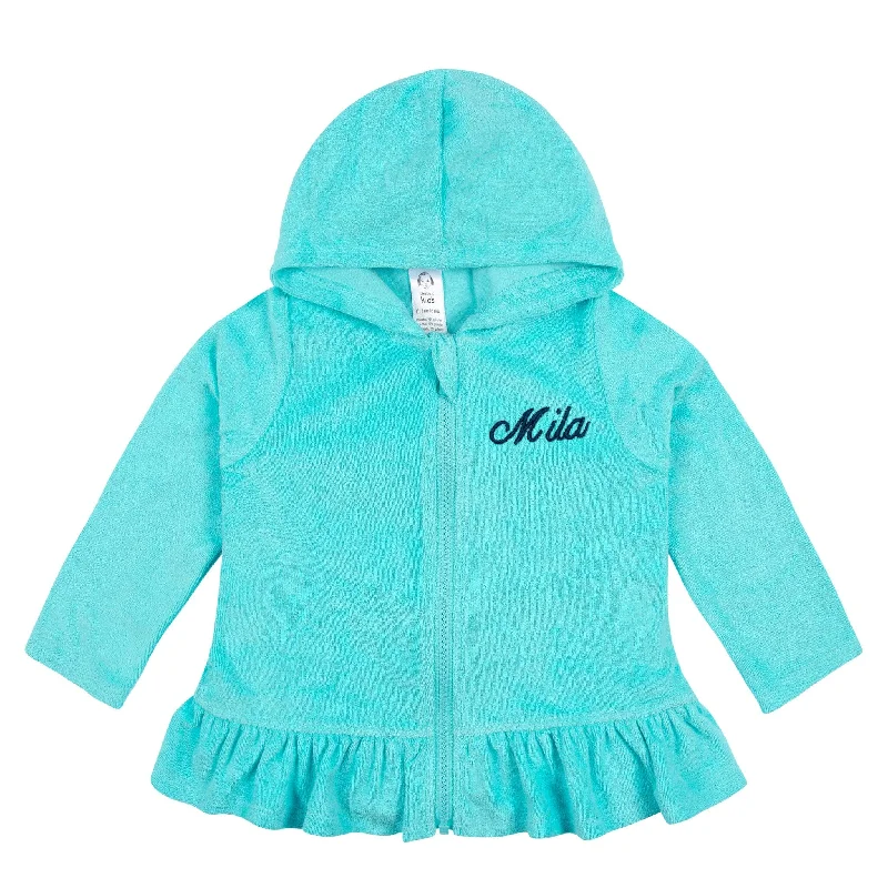 swimwear with anti-slip design -Embroidered Baby & Toddler Girls Aqua Hooded Zip Front Terry Swim Coverup