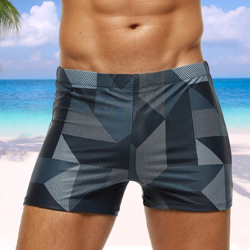 swimwear with adjustable fit -Grey Geometric Swim Trunks