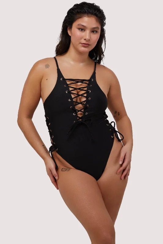 swimwear for beach running -Eden Eden Fuller Bust Black Plunge Lace-Up Swimsuit