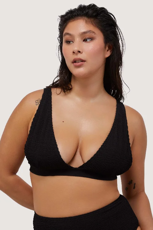 swimwear for active swimmers -Black Textured Non Wired Plunge Bikini Top Fuller Bust Exclusive