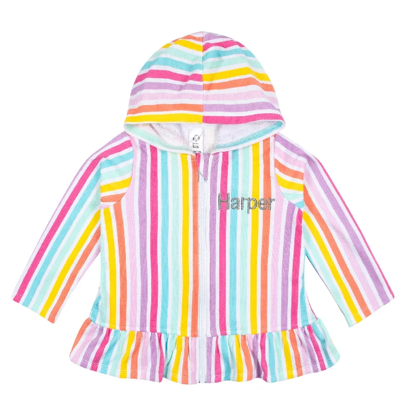 swimwear for active kids -Embroidered Baby & Toddler Girls Rainbow Hooded Zip Front Terry Swim Coverup