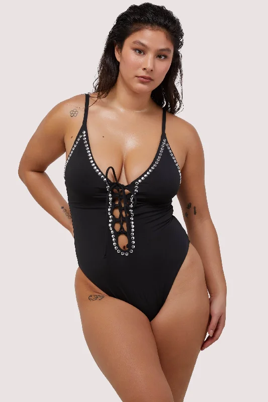 swimwear for swim races -Gabrielle Fuller Bust Black Eco Studded Lace-Up Swimsuit