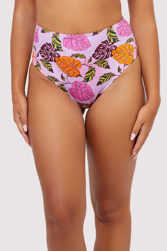 swimwear with mesh details -Riley Mix & Match Pink Palm Print High Waisted Bikini Bottom