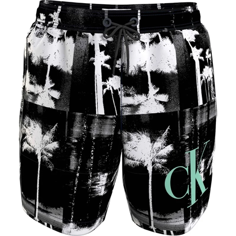 Sports Short for Dynamic Moves -Calvin Klein Medium Drawstring Swim Shorts Ck Palm Black Aop