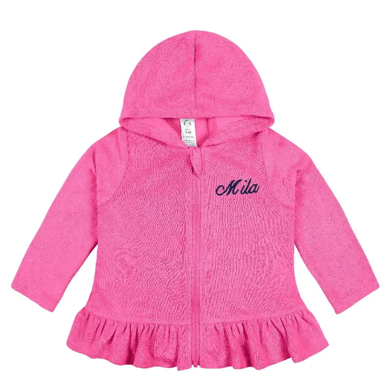 swimwear for beach party -Embroidered Baby & Toddler Girls Pink Hooded Zip Front Terry Swim Coverup