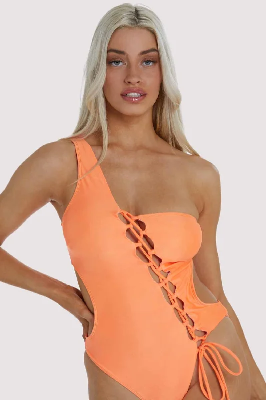 durable swimwear for surfing -Gianna Orange Lattice Swimsuit