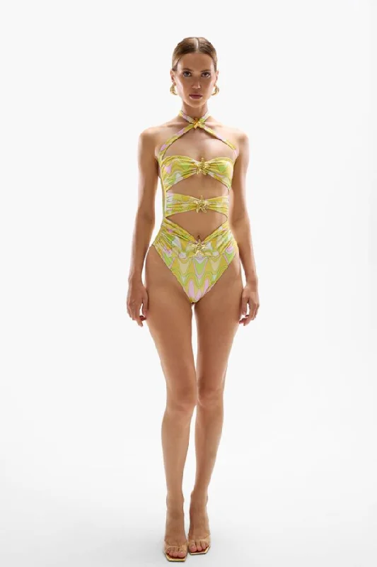 swimwear for swim team -Diamond Seastar Swimsuit Wavy Gold