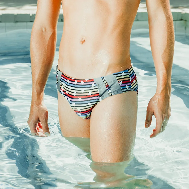 swimwear with striped pattern -Silver Stud Rainbow Swim Briefs