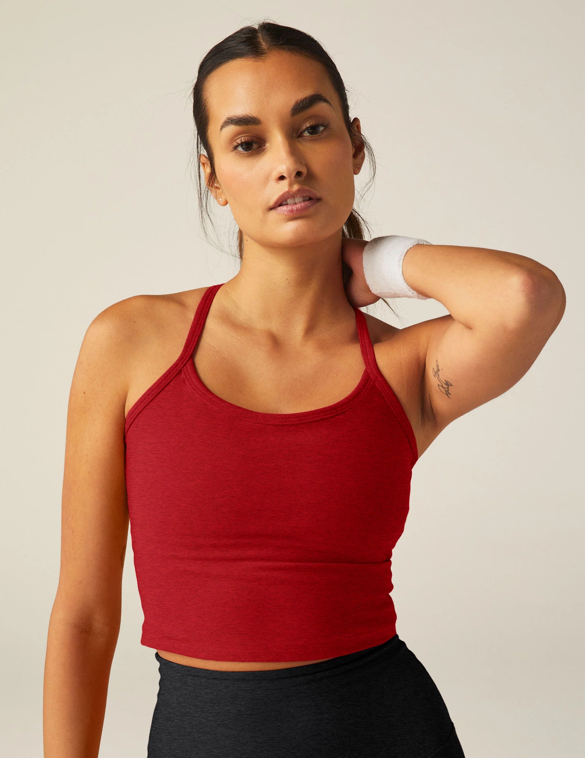 Sports Top for Relaxed Fit -swimwear for swim training -Beyond Yoga Slim Crop Racerback - Ruby Red Heather