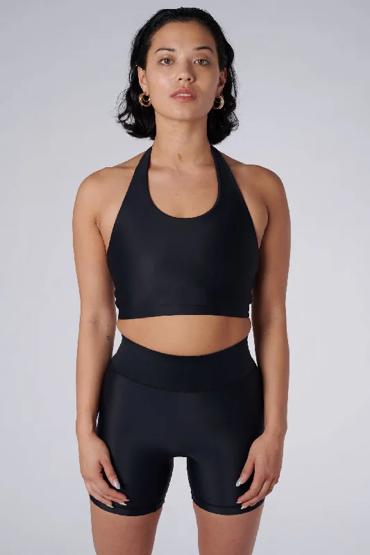 Sports Top for Warm Weather -swimwear with side ties -Iris Halter Crop Top | Recycled Nylon | Black