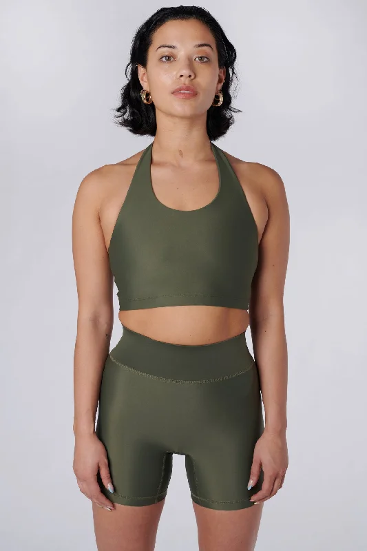 Sports Top with Colorful Straps -stylish swimwear for teens -Iris Halter Crop Top | Recycled Nylon | Olive