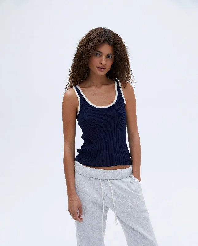 Sports Top for Long Walks -plus size swimwear trendy -Rib Knit Vest Top - Navy Blue/Cream