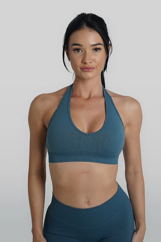 Sports Top for Cycle Trips -swimwear with high coverage -RECOIL HALTER CROP - BLUE TEAL