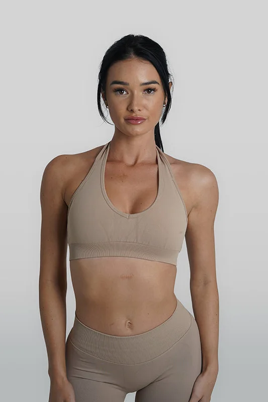 Sports Top for Dark Runs -swimwear with sporty look -RECOIL HALTER CROP - LATTE