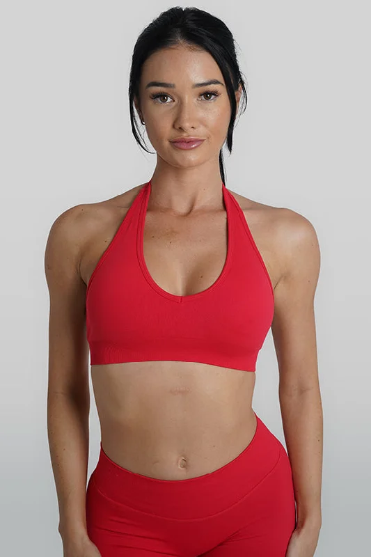 Sports Top for Sunny Days -swimwear with striped design -RECOIL HALTER CROP - RED