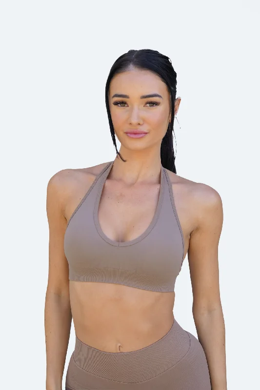 Sports Top for Field Games -swimwear for swim races -RECOIL HALTER CROP - COFFEE