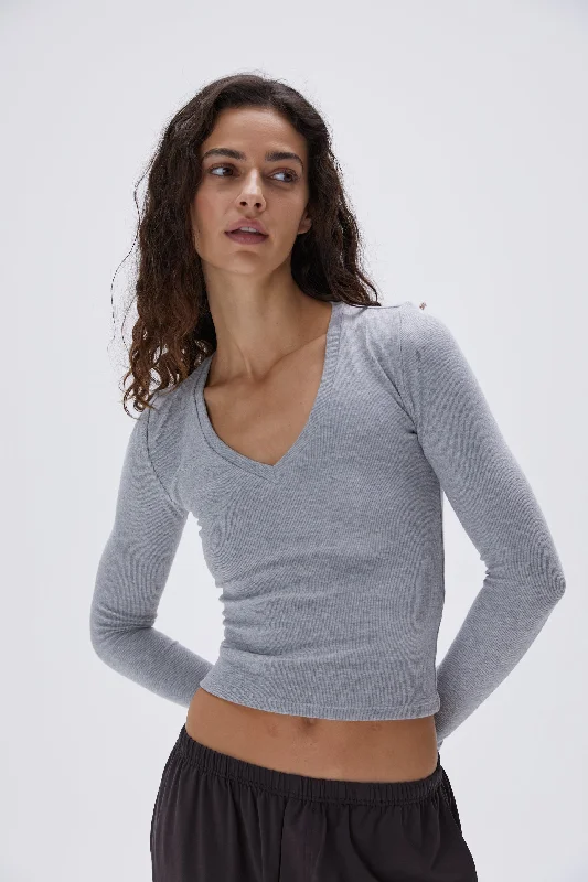 Sports Top for Night Runs -swimwear for tropical beach -Rib V-Neck Long Sleeve Top - Grey Melange