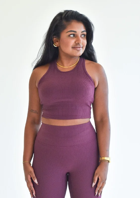 Sports Top with Mesh Top -swimwear with modest fit -Ribbed Crop Top - Plum