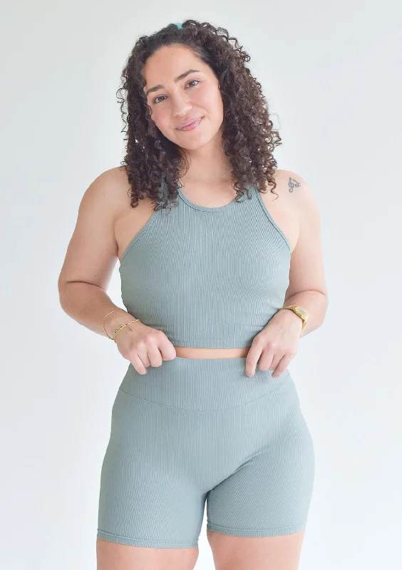 Sports Top with Big Band -swimwear with geometric design -Ribbed Crop Top - Sage Green