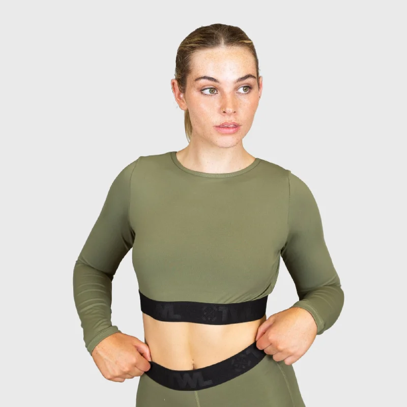 Sports Top with Breathable Lining -trendy swimwear with cutouts -TWL - Women's Classics Striker L/S Crop - Khaki