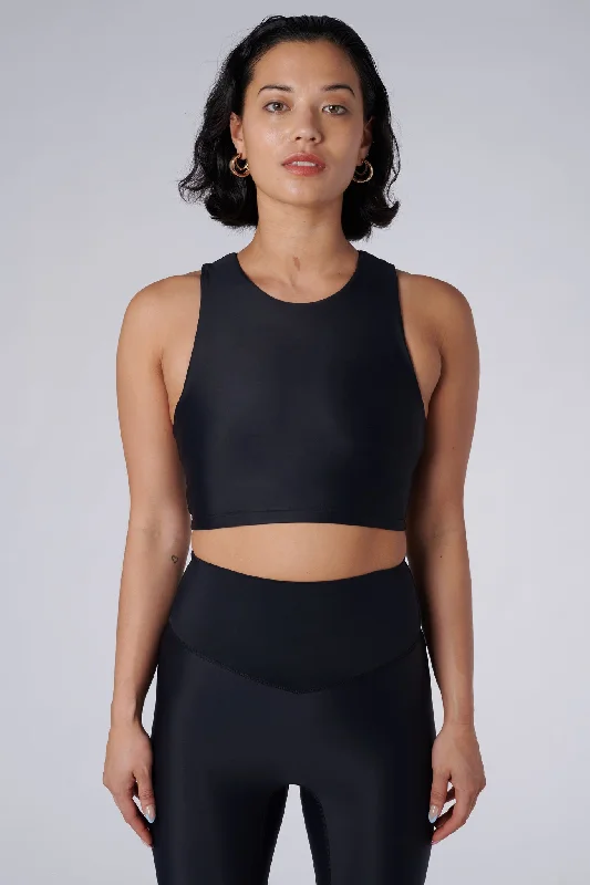 Sports Top for Swimming Practice -women’s swimwear sporty design -Tula High Neck Racer Back Crop Top | Recycled Nylon | Black