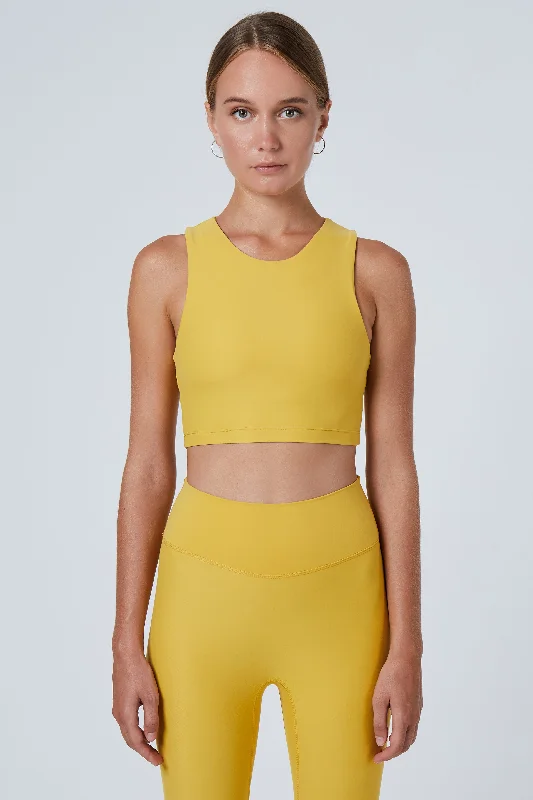 Sports Top with Extra Comfort -affordable swimwear plus size -Tula High Neck Racer Back Crop Top | Recycled Nylon | Mustard