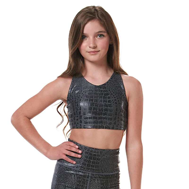 Sports Top for Dance Party -Sports Top with Sharp Cut -swimwear for pool competition -Vitality V-Neck Crop Top - Black Crocodile