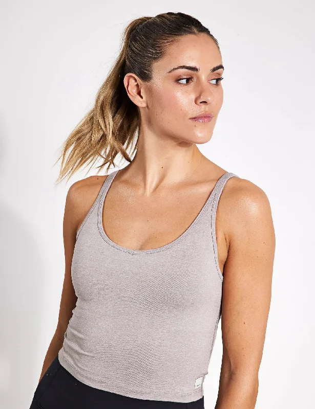 Sports Top for Dawn Yoga -trendy swimwear with ruffles -Halo Performance Crop - Soft Pewter Heather