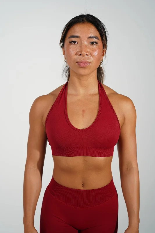 Sports Top for Hot Runs -swimwear for beach party -RECOIL HALTER CROP - DARK RED