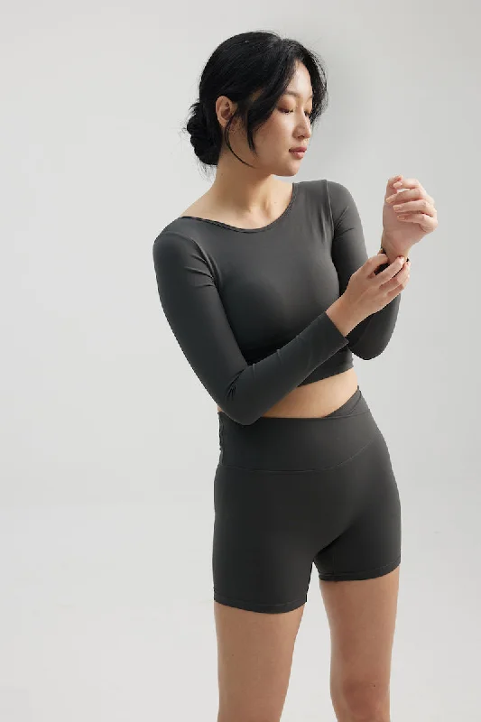 Sports Top for Bike Trails -swimwear for swim team -Reversible Long Sleeve Crop in Truffle